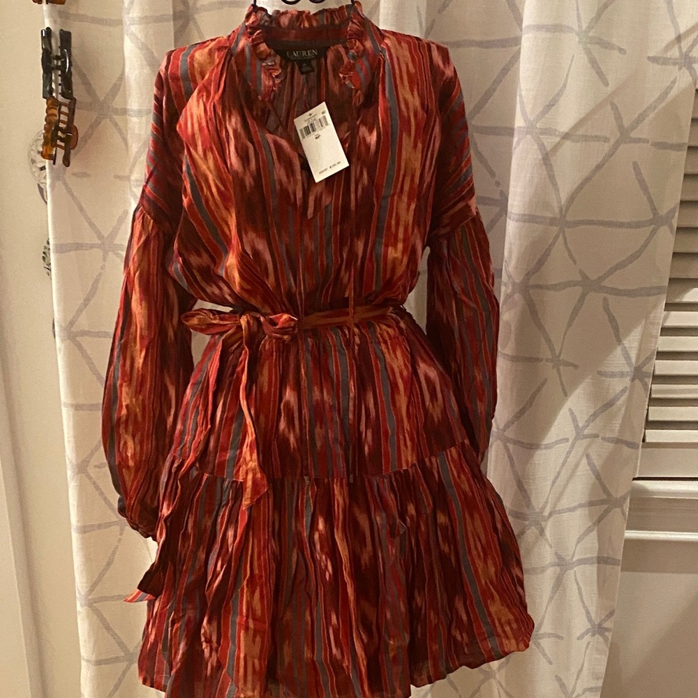 Ralph Lauren Multicolor Red-Orange Striped Long Sleeve Dress